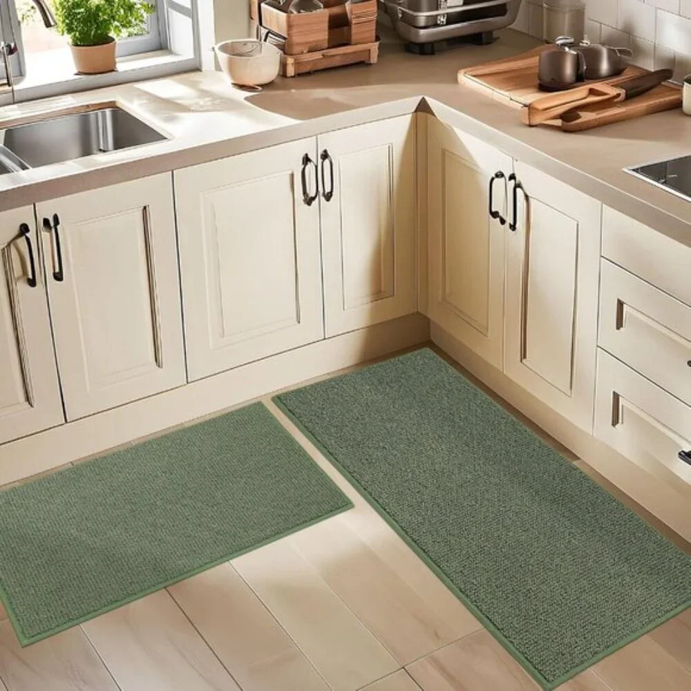 New Set of 2 Green Kitchen Rug, Non-Slip, Absorbent, Washable, Stain-Resistant